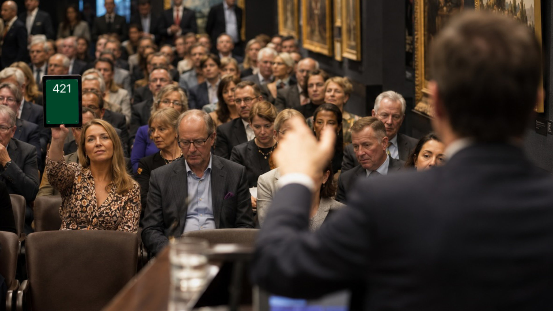 A bidder holds up dicto on an iPad showing the number 421 as a paddle at a fine-art auction