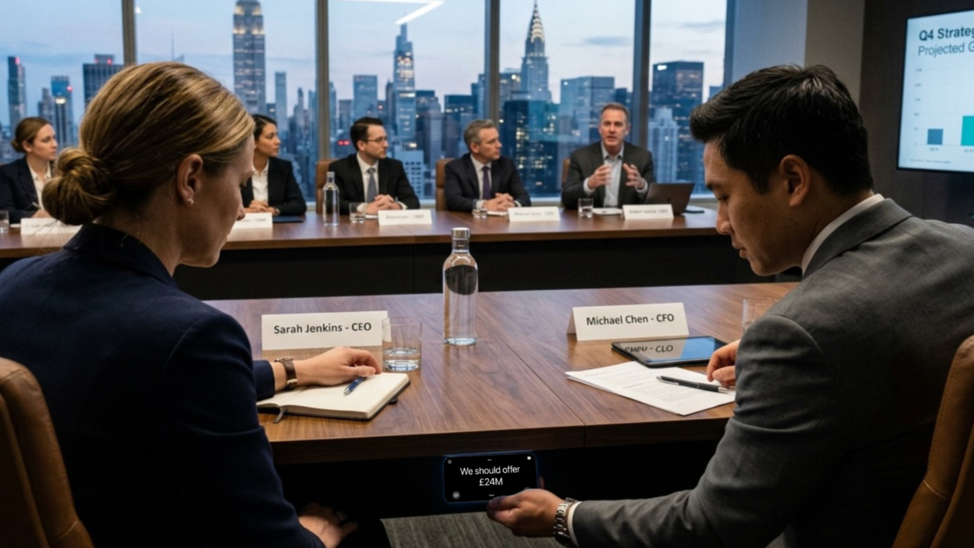 An executive slides a phone running dicto across a boardroom table to confer during a corporate meeting