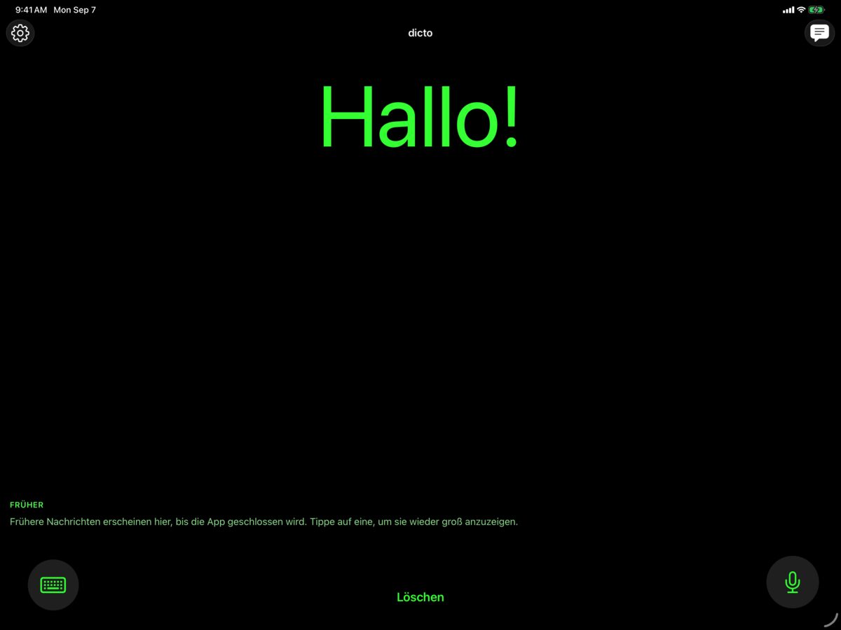 dicto auf dem iPad mit der Begrüßung Hallo! in großem Text
