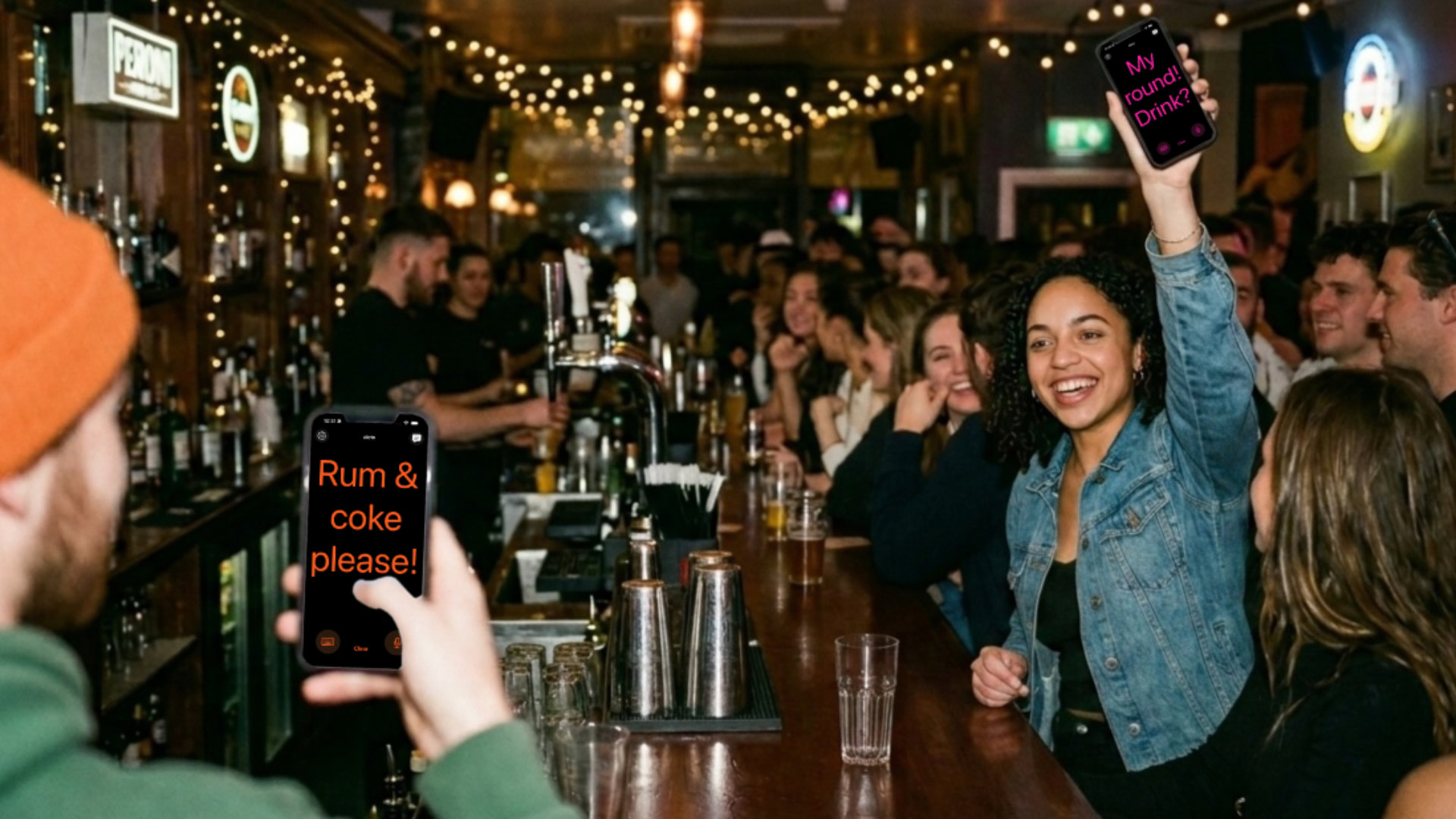 Friends in a busy bar hold up dicto to order a rum and coke and offer to buy the next round over the noise