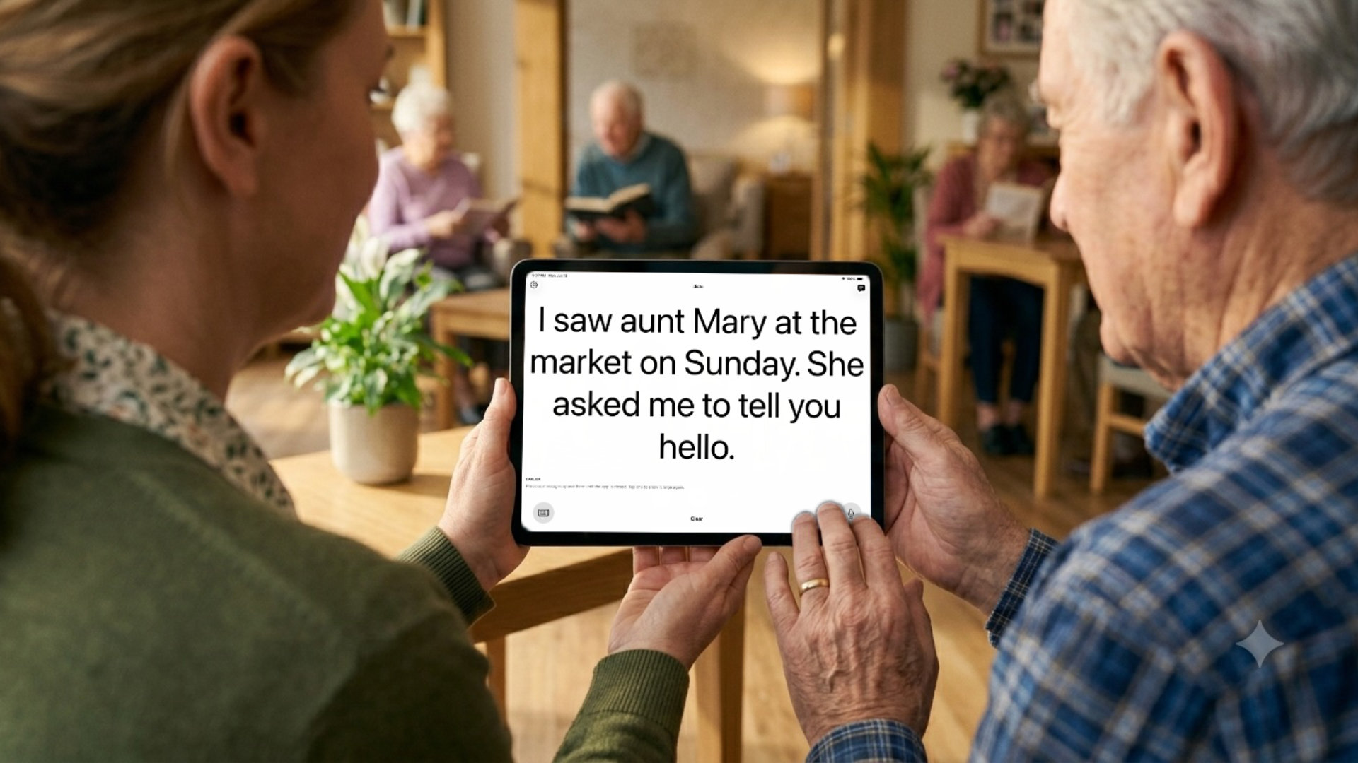 A woman shows an older man a message on dicto reading that she saw Aunt Mary at the market, sitting together in a care-home lounge
