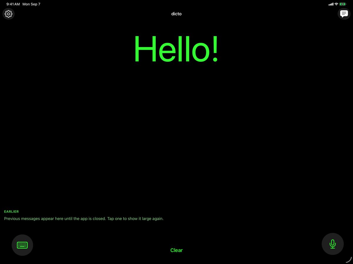 dicto on iPad showing the greeting Hello! in large text
