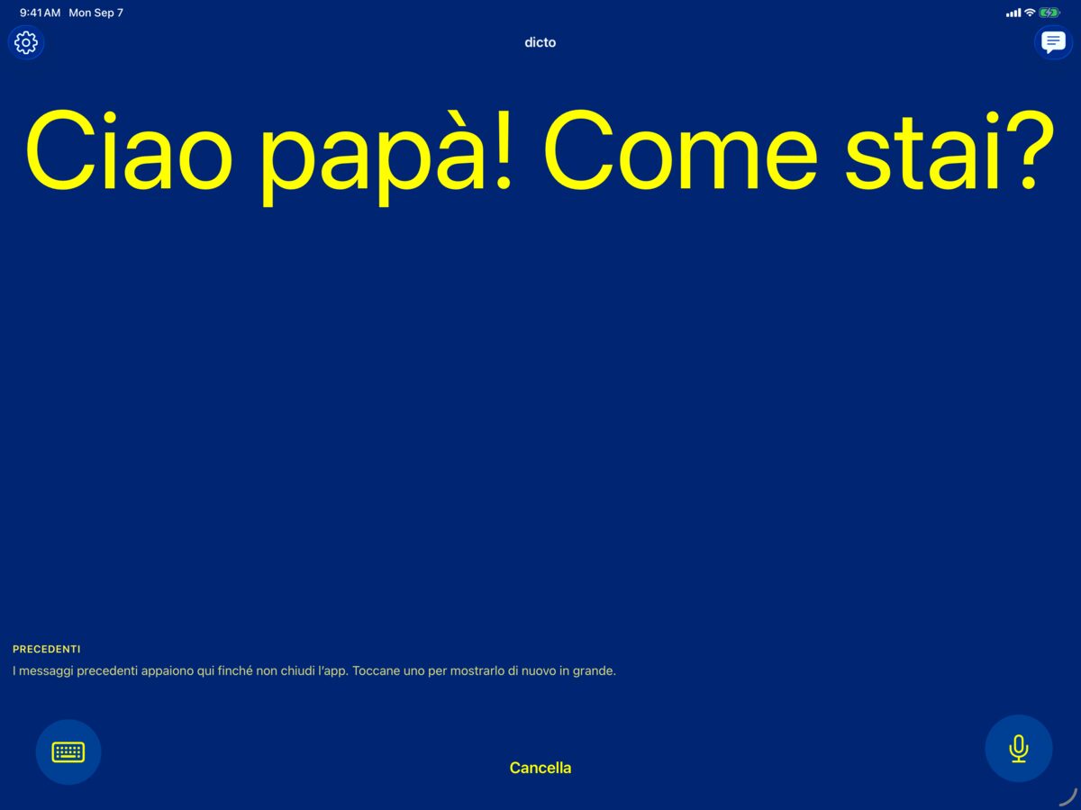 dicto su iPad nella combinazione ad alto contrasto giallo su blu con il messaggio parlato Ciao papà! Come stai?