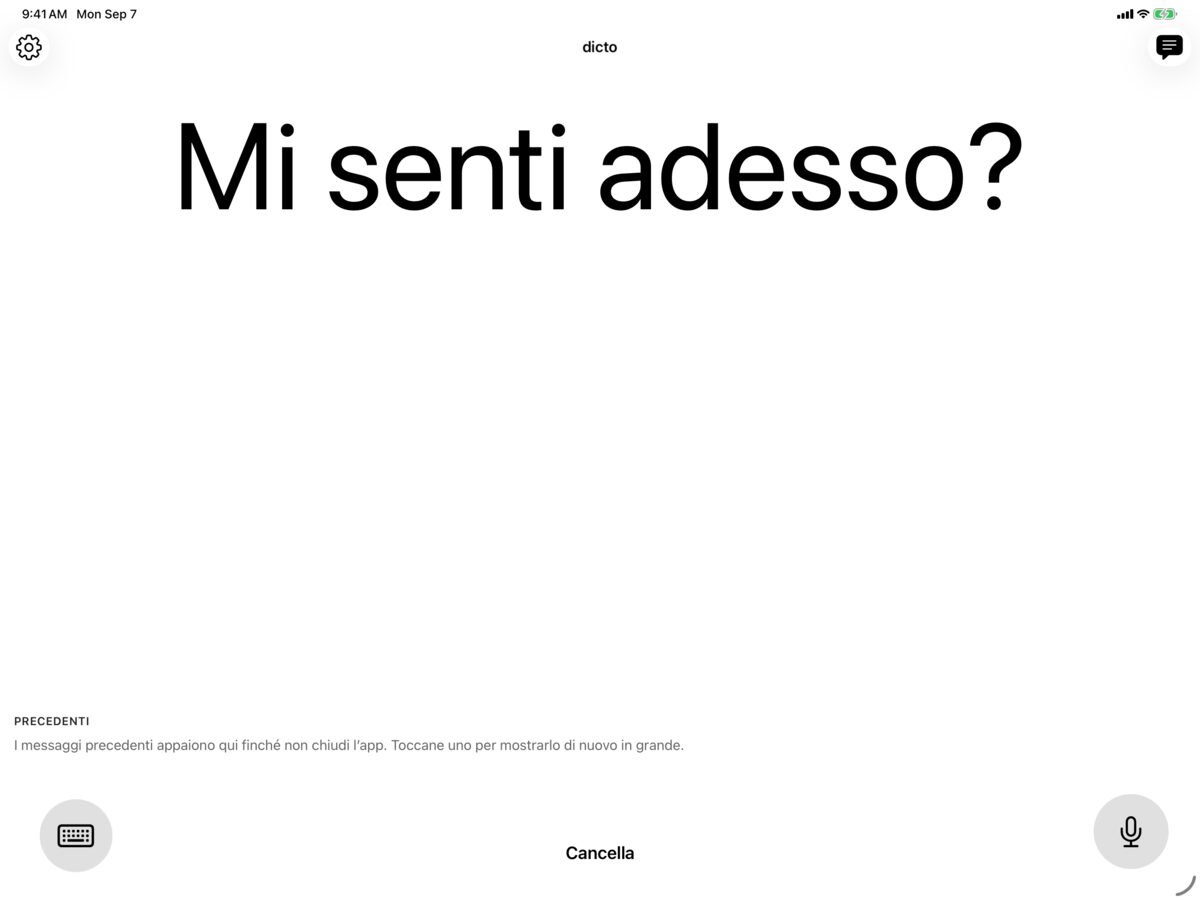 dicto su iPad in nero su bianco con il messaggio Mi senti adesso?