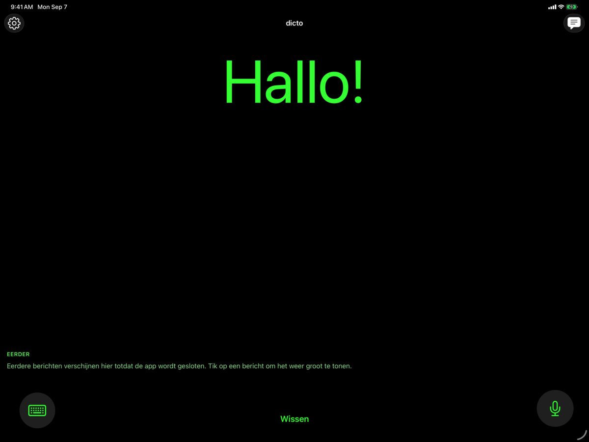 dicto op iPad met de begroeting Hallo! in grote tekst