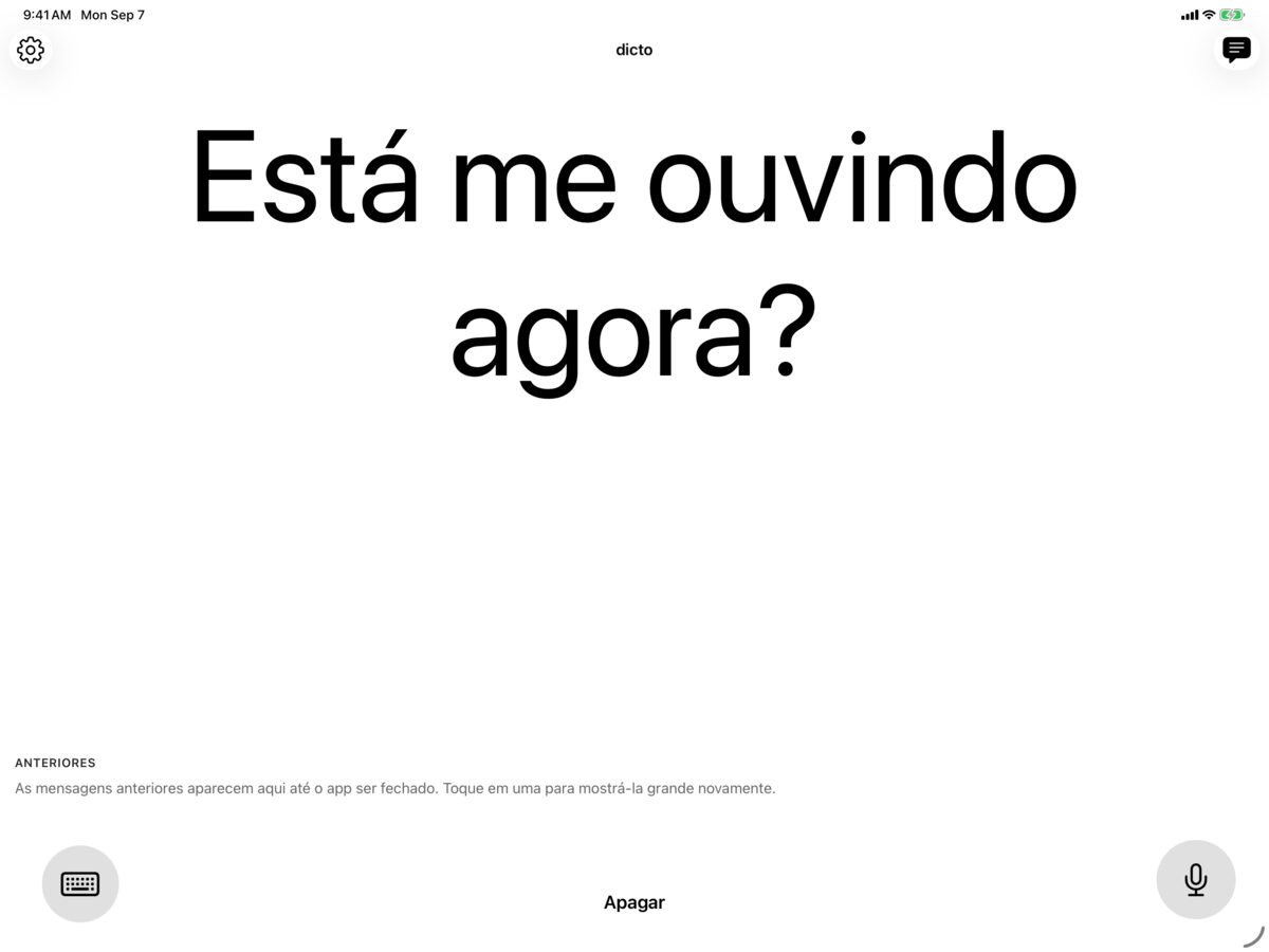 dicto no iPad em preto no branco com a mensagem Está me ouvindo agora?